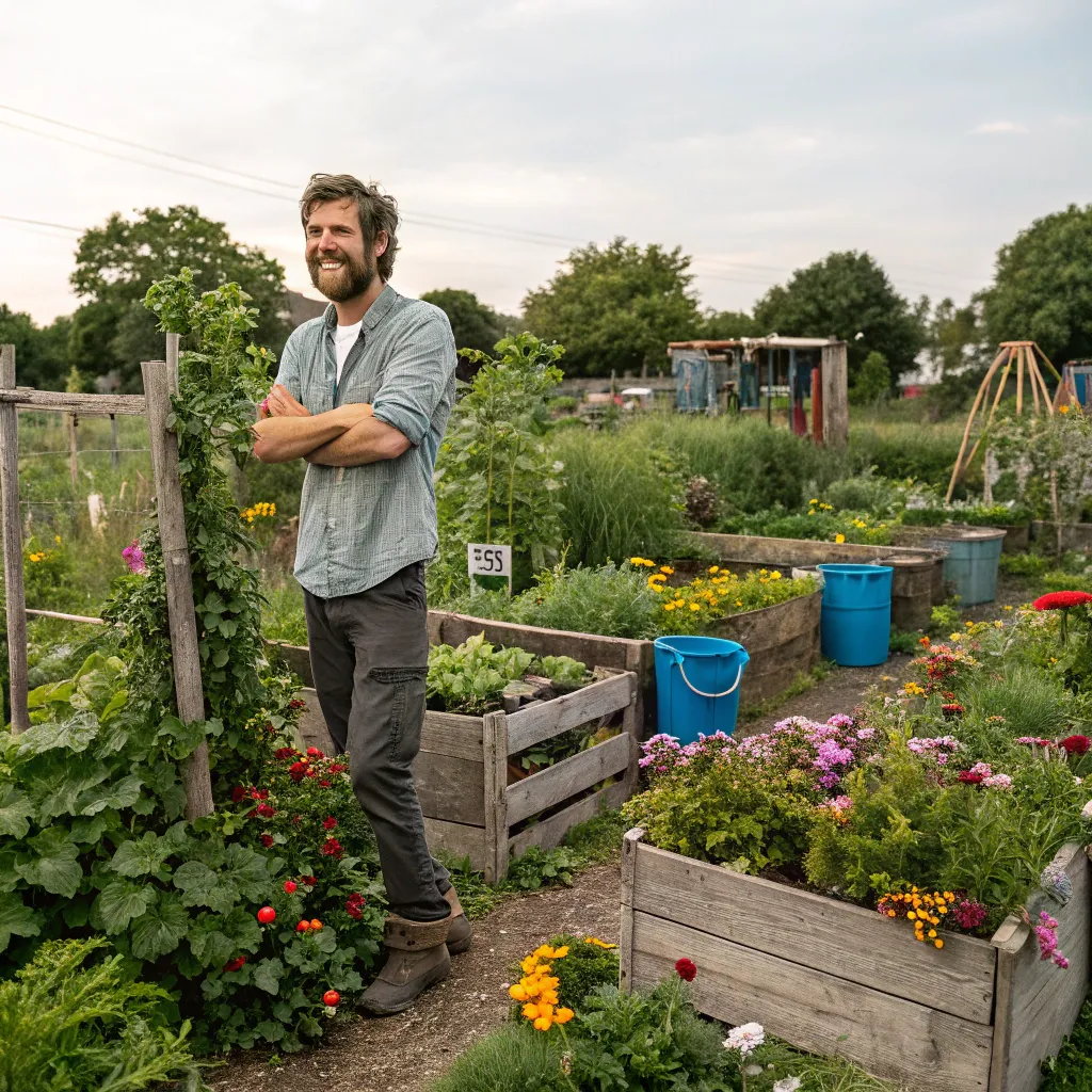 Marcus with his community garden featuring diverse plants and recycled materials